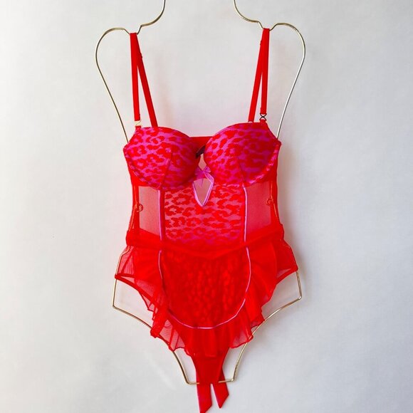 Victoria’s Secret Red Leopard Mesh Apron Lingerie Size 34B - Picture 1 of 9